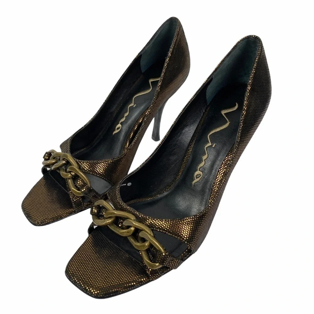 Nina Bronze Chain Link Leather Sole Stiletto Heels Women's‎ Size 7 Open Toe